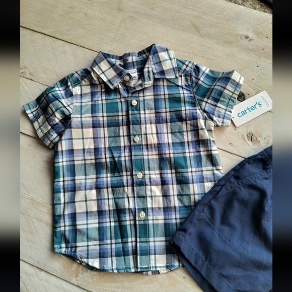 NWT Carter's Baby Boy 2pc Navy Plaid Shorts Set And Shirt Size 18 Months - Picture 2 of 4